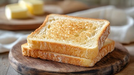 Two slices of golden, crisp bread, their edges slightly overlapping, rested on a rustic wooden board, their airy interiors inviting. In the background, a blurred backdrop of fresh butter added a