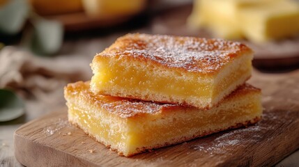 Two golden slices, kissed by the sun and boasting airy, tender interiors, lay slightly overlapping on a rustic wooden board, surrounded by a blurred backdrop of fresh, golden butter, a testament to