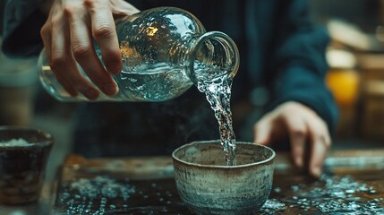 A person pours liquid from a glass bottle into a ceramic cup