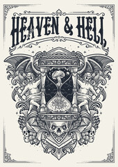 Heaven and Hell Hourglass with Angelic Demons and engraving ornament style