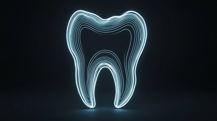 A glowing, digital representation of a tooth against a dark background, symbolizing dental health and technology.