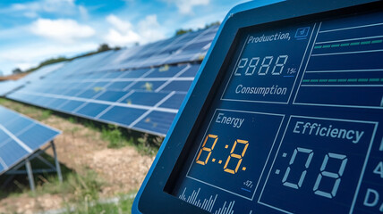 Close up shot of a solar energy monitoring system displaying real time data. Ideal for themes related to renewable energy, technology, and sustainability.

