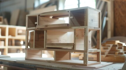 A step-by-step assembly of a wooden shelf, showing pieces being put together.