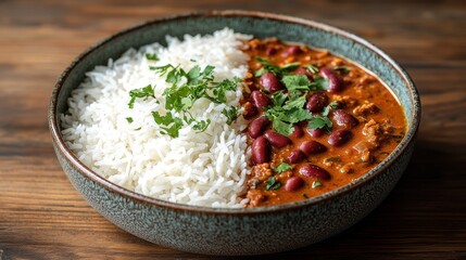 A vibrant bowl of Rajma Chawal, perfectly split into two halves, a testament to the beauty of balance. The first half is a symphony of fluffy white basmati rice, while the second is a rich and