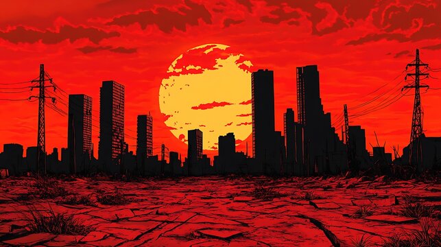 Destroyed city silhouette under an apocalyptic sunset, usable for disaster concepts - Powered by Adobe