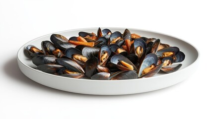 A plate cocotte, overflowing with plump mussels nestled amongst crispy fries, rests majestically on a pristine white backdrop, a culinary masterpiece ready to be enjoyed.
