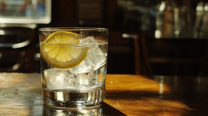 A clear glass of water with ice cubes and lemon slices on a wooden table 