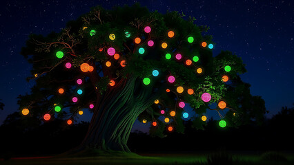 A Majestic Ancient Oak Tree Adorned With Vibrant Glowing Orbs Under A Starlit Night Sky, Creating A Magical And Enchanting Scene Isolated 