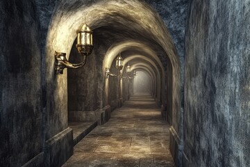 Obraz premium Mysterious underground corridor illuminated by vintage lamps in a dimly lit environment