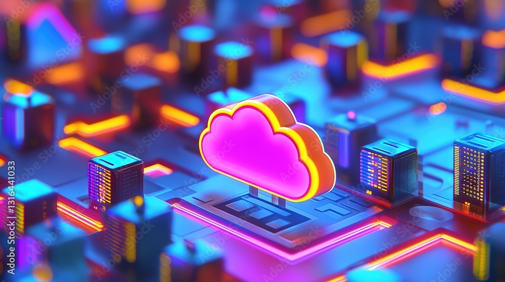Poster a vibrant illustration of a cloud icon on a colorful circuit board, symbolizing cloud computing and 
