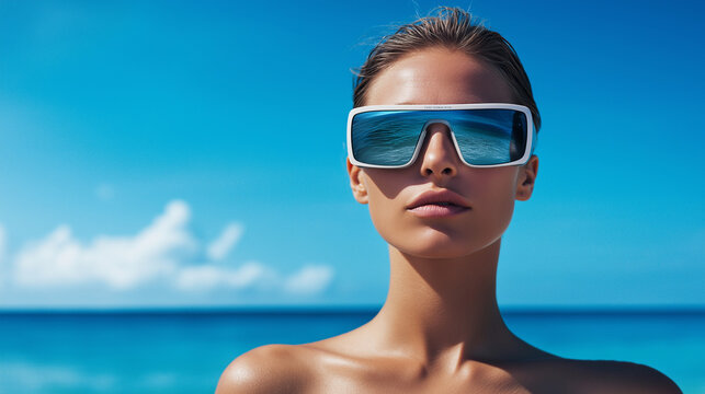 Portr&auml;t einer Frau mit futuristischer Sonnenbrille vor Meereshintergrund