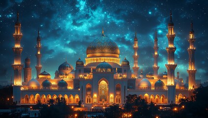 Naklejka premium Grand Mosque Illuminated by Golden Lights Under a Starry Night Sky