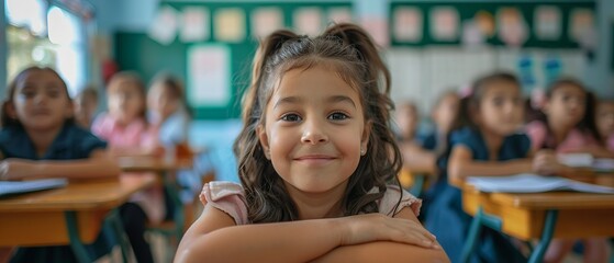 Enthusiastic young girl raising her hand in a bright classroom, showcasing active learning and curiosity for a modern elementary school education experience