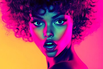 Fototapeta premium Attractive very amazed mixed-race girl - for ads, poster and social apps use. Commercial commercial creative design idea idea. Short coiffure - curly hair. Short hair ad photo. Colored girl.