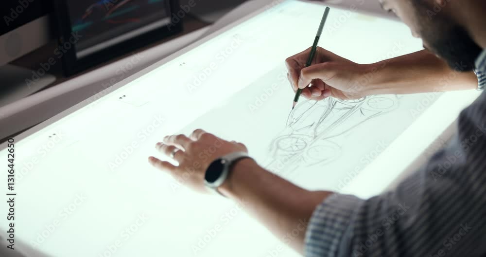Aufkleber Designer, man and drawing with hands, vehicle sketch and editing design with project process. Deadline, expression and creative automotive stylist with car illustration, motor structure or artistic
