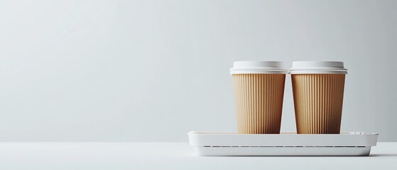 Two to-go drinks on a white tray against a white background, minimal