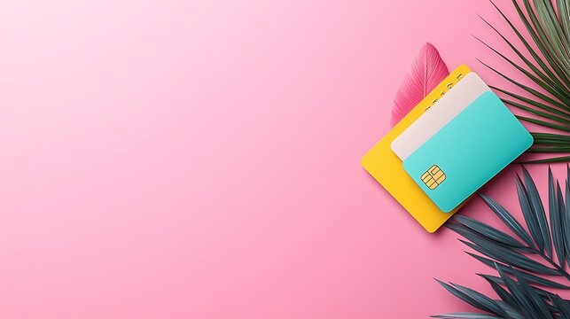 Summer Vacation Credit Cards: Flat Lay on Pink Background AI Generated - Powered by Adobe
