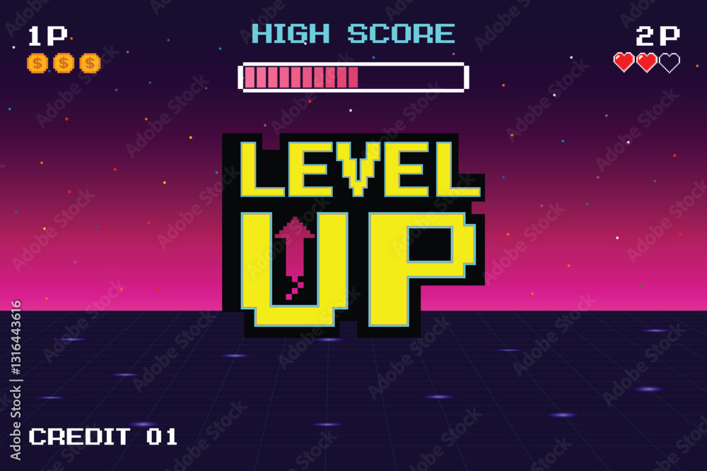 Poster level up. insert a coin to continue. pixel art .8 bit game. retro game. for game assets in vector il