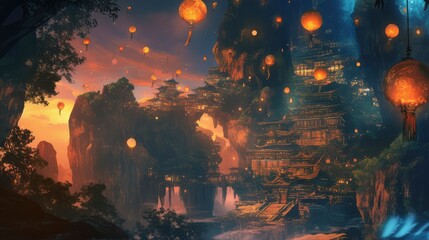 Enchanting Asian Temple City Amongst Floating Mountains at Sunset with Lanterns