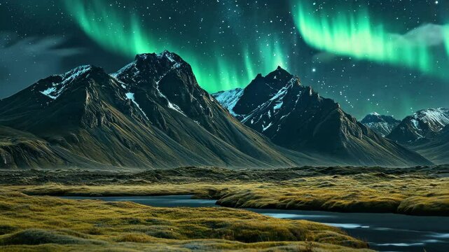 Vivid aurora illuminating mountains and mossy terrain in Iceland at night, Bright aurora over mountains and moss Iceland vertical