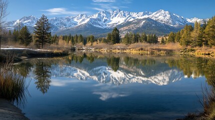 Naklejka premium Snowy Mountain Peaks Reflected in Calm Lake with Evergreen Trees