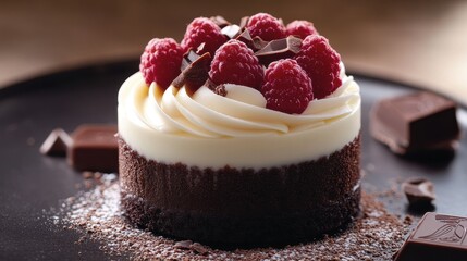 A symphony of chocolate textures and hues unfolds in this decadent dessert. A pristine white chocolate crown caps a velvety milk chocolate heart, resting upon a rich, intense dark chocolate base, a