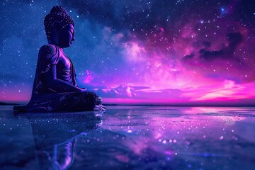 Obraz premium Ancient statue great Buddha on bright holiday composition, abstract vivid composition consists of fictional unreal fantastic vision on background