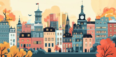 A Colorful Autumn Cityscape with Tall Buildings and Trees