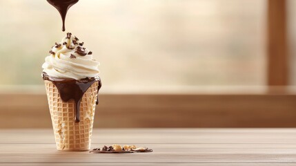 Delicious Ice Cream Cone with Chocolate Drizzling. Dessert, Sweet Treat, Refreshment.