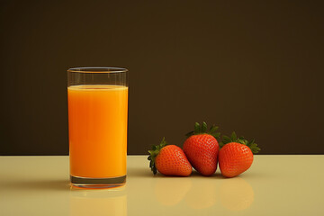 Fresh Orange Juice and Ripe Strawberries on Cream Table with Dark Background