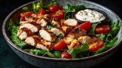 A vibrant symphony of flavors awaited in a pristine, ceramic bowl, where crisp romaine lettuce embraced a medley of cherry tomatoes, succulent grilled chicken fillet pieces, and the crunch of petite