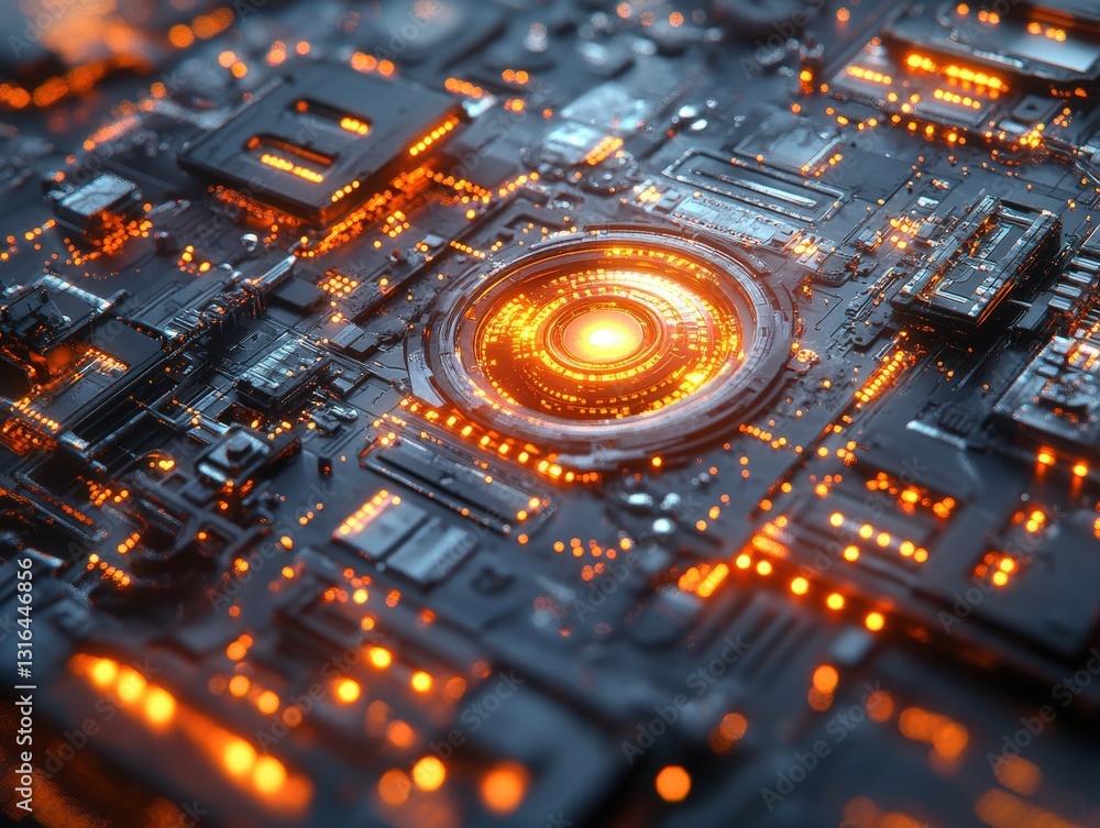 Poster abstract close-up of a futuristic circuit board with glowing orange components, ideal for technology