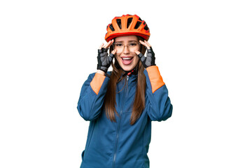 Young cyclist woman over isolated chroma key background with glasses and surprised