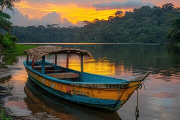 Obraz premium Serene Amazon River at Sunset – Traditional Wooden Boat and Lush Rainforest