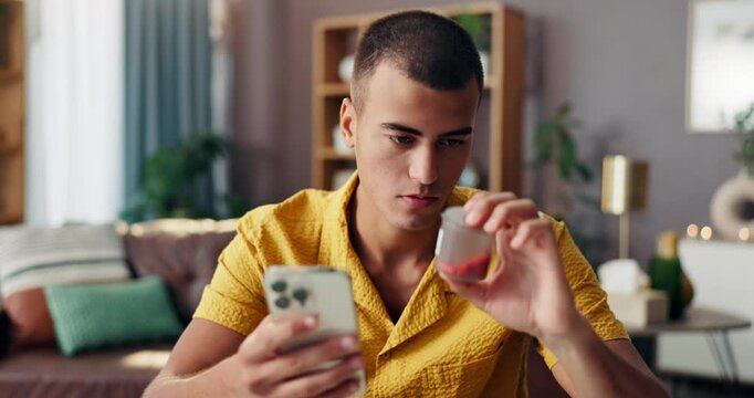 Man, phone or home with medication pills for telehealth, medical information or side effects research. Male person, customer or mobile smartphone with pharmaceuticals for health symptoms or dosage