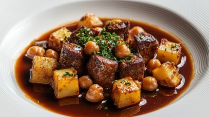 A vibrant tableau unfolds, a symphony of flavors and textures. A plate of stew, its depths teeming with tender chickpeas and juicy meat cubes, is adorned by the hearty potato pieces, their golden hue