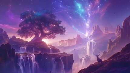 Fototapeta premium Enchanting Fantasy Landscape with Waterfall, Tree, and Deer Under a Starry Sky