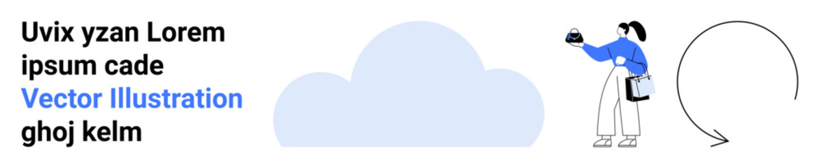 Person engaging with digital cloud representation while holding a tablet. Ideal for technology, innovation, data, cloud storage, IT solutions, web services, teamwork, flat landing page banner