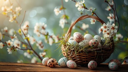 Fototapeta premium Colorful Easter eggs nestled in wicker basket, surrounded by spring blossoms bathing in golden sunlight