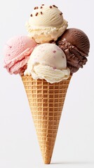 Delicious Ice Cream Cone with Multiple Scoops Vanilla, Chocolate, Strawberry, Sprinkles, and Sweet Treat.