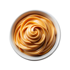 Creamy caramel sauce in white bowl isolated on transparent background