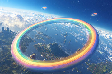 Vibrant rainbow arches over floating islands in a surreal fantasy landscape with a celestial backdrop
