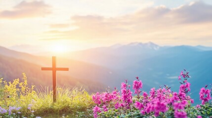 Wooden cross standing on a mountain top at sunrise with pink flowers and mountain range in the background
