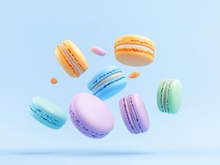 Colorful macarons floating against a soft blue background, showcasing a whimsical dessert concept