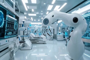 Modern surgical room equipped with advanced robotic technology and essential medical instruments