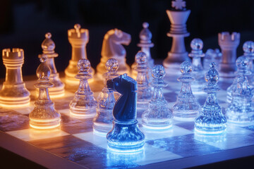 Illuminated chess pieces showcase intricate design during evening game in cozy indoors setting