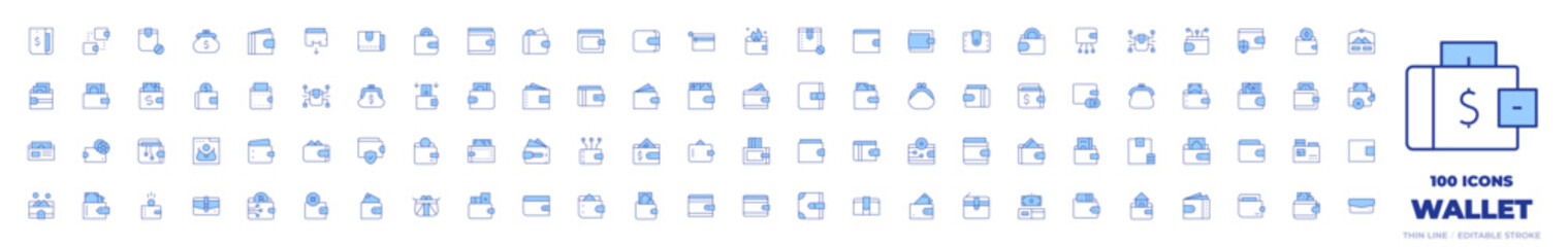 100 Wallet Icons Collection. Line Duotone style, editable stroke. cash, credit card, purse, payment method, wallet, ewallet, trading, banknote, payment, earnings
