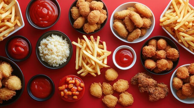 A tempting array of crispy French fries, golden nuggets, and juicy fried chicken wings, captured from a bird is-eye view, promises pure indulgence. The image evokes a sense of mouthwatering delight,