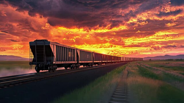 Coal train travels along tracks at sunset in a scenic rural landscape, A train loaded with coal travels along a track in a dramatic sunset