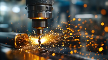 Machine drilling metal with sparks creating a manufacturing process